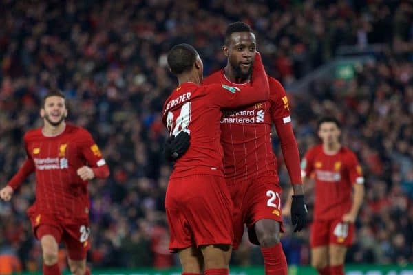 LIVERPOOL, ENGLAND - Wednesday, October 30, 2019: Liverpool's Divock Origi celebrates scoring the fourth goal, to level the score at 4-4, during the Football League Cup 4th Round match between Liverpool FC and Arsenal FC at Anfield. (Pic by David Rawcliffe/Propaganda)