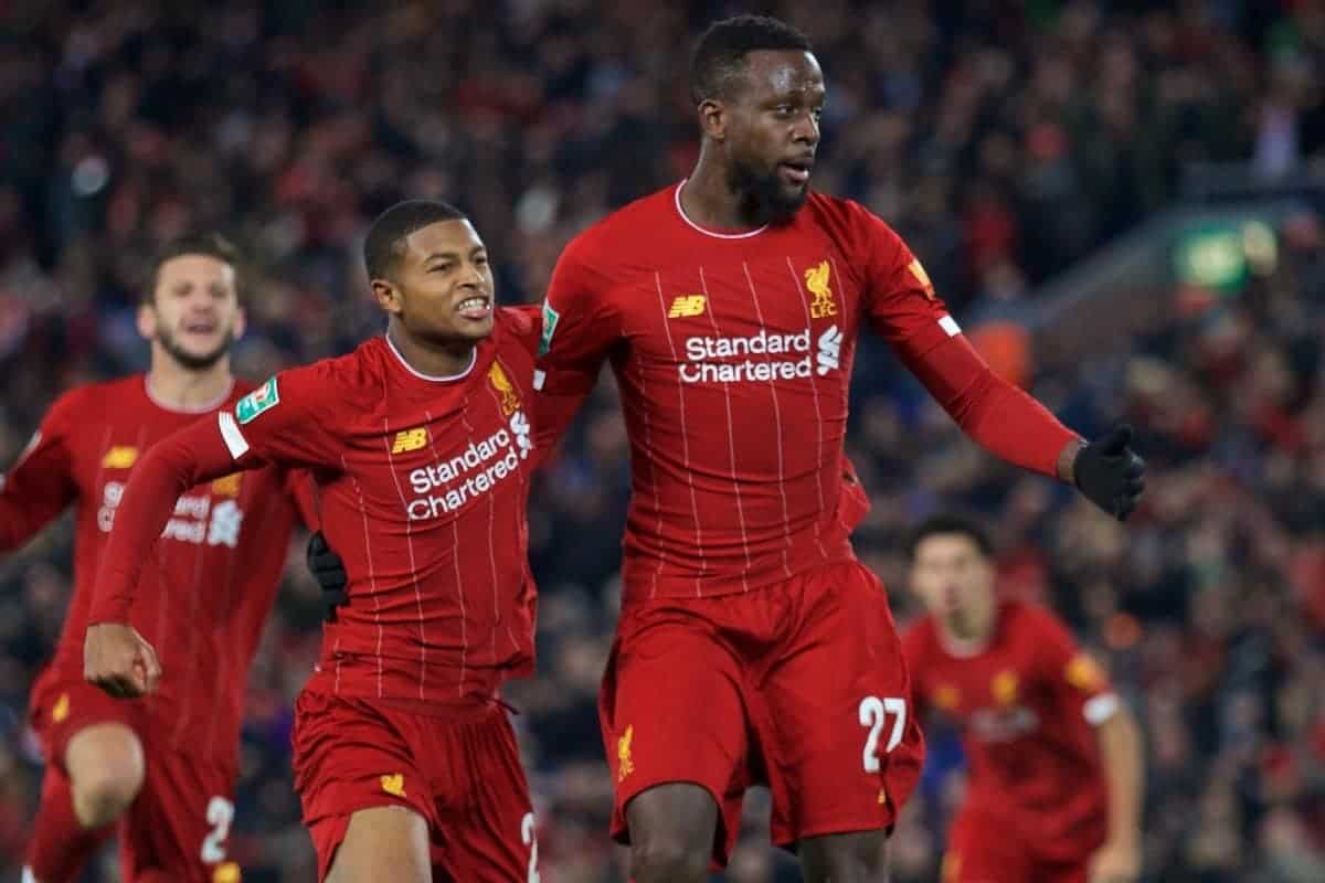 LIVERPOOL, ENGLAND - Wednesday, October 30, 2019: Liverpool's Divock Origi (R) celebrates scoring the fourth goal, to level the score at 4-4, with team-mate Rhian Brewster during the Football League Cup 4th Round match between Liverpool FC and Arsenal FC at Anfield. (Pic by David Rawcliffe/Propaganda)