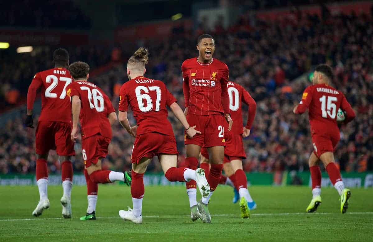 LIVERPOOL, ENGLAND - Wednesday, October 30, 2019: Liverpool's Rhian Brewster celebrates the fourth goal, to level the score at 4-4, scored by Divock Origi during the Football League Cup 4th Round match between Liverpool FC and Arsenal FC at Anfield. (Pic by David Rawcliffe/Propaganda)