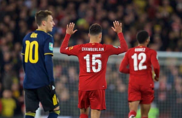 LIVERPOOL, ENGLAND - Wednesday, October 30, 2019: Liverpool's Alex Oxlade-Chamberlain (L) celebrates scoring the third goal during the Football League Cup 4th Round match between Liverpool FC and Arsenal FC at Anfield. (Pic by David Rawcliffe/Propaganda)