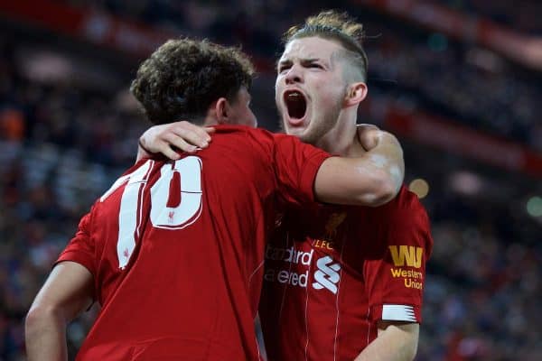 LIVERPOOL, ENGLAND - Wednesday, October 30, 2019: Liverpool's Harvey Elliott celebrates with team-mate Neco Williams after the fifth goal during the Football League Cup 4th Round match between Liverpool FC and Arsenal FC at Anfield. (Pic by David Rawcliffe/Propaganda)