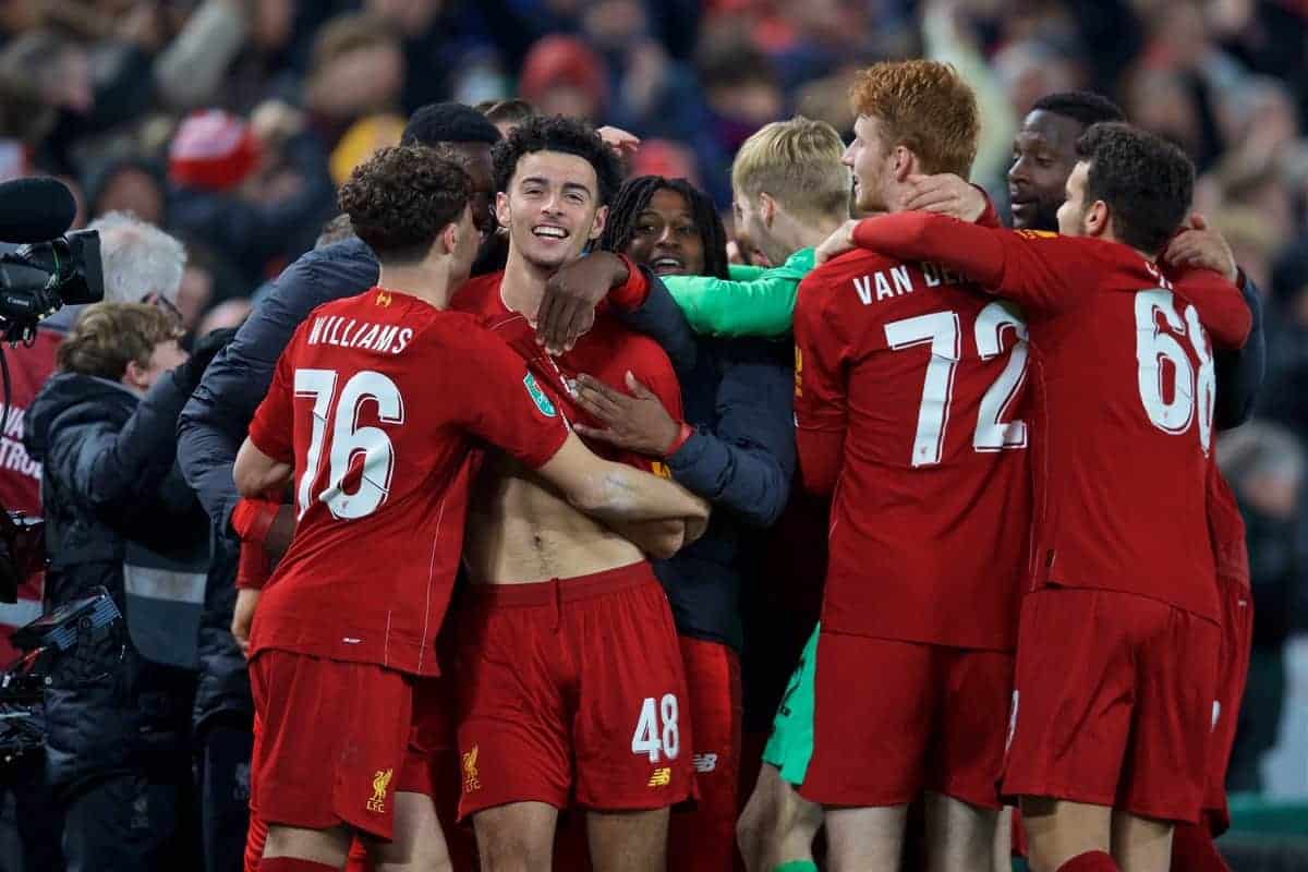 LIVERPOOL, ENGLAND - Wednesday, October 30, 2019: Liverpool's Curtis Jones (#48) celebrates with team-mates after scoring the winning fifth penalty of the shoot out during the Football League Cup 4th Round match between Liverpool FC and Arsenal FC at Anfield. Liverpool won 5-4 on penalties after a 5-5 draw. (Pic by David Rawcliffe/Propaganda)