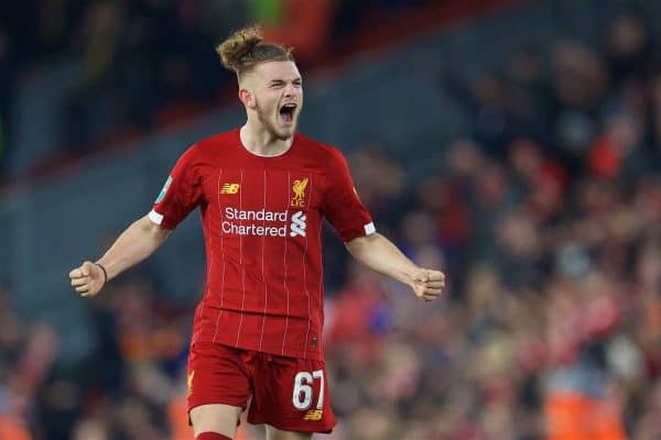 LIVERPOOL, ENGLAND - Wednesday, October 30, 2019: Liverpool's Harvey Elliott celebrates after the Football League Cup 4th Round match between Liverpool FC and Arsenal FC at Anfield. Liverpool won 5-4 on penalties after a 5-5 draw. (Pic by David Rawcliffe/Propaganda)