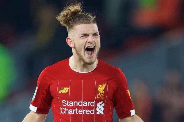 LIVERPOOL, ENGLAND - Wednesday, October 30, 2019: Liverpool's Harvey Elliott celebrates after the Football League Cup 4th Round match between Liverpool FC and Arsenal FC at Anfield. Liverpool won 5-4 on penalties after a 5-5 draw. (Pic by David Rawcliffe/Propaganda)