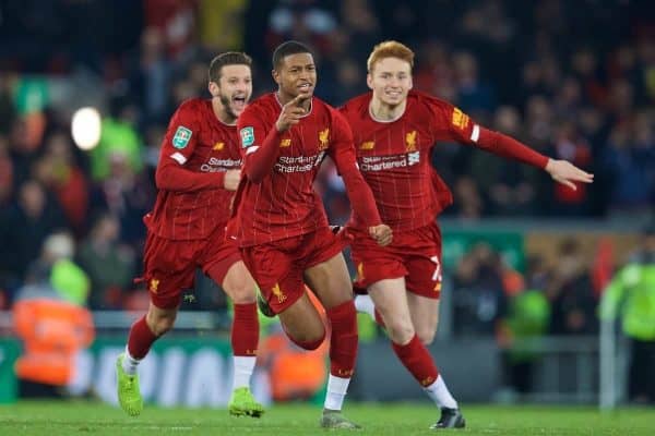 LIVERPOOL, ENGLAND - Wednesday, October 30, 2019: Liverpool's Adam Lallana, Rhian Brewster and Sepp Van Den Berg celebrate after the Football League Cup 4th Round match between Liverpool FC and Arsenal FC at Anfield. Liverpool won 5-4 on penalties after a 5-5 draw. (Pic by David Rawcliffe/Propaganda)