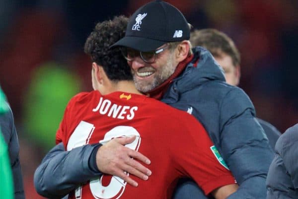 LIVERPOOL, ENGLAND - Wednesday, October 30, 2019: Liverpool's manager Jürgen Klopp celebrates with winning penalty taker Curtis Jones, who scored the final penalty of the shoot out after the Football League Cup 4th Round match between Liverpool FC and Arsenal FC at Anfield. Liverpool won 5-4 on penalties after a 5-5 draw. (Pic by David Rawcliffe/Propaganda)