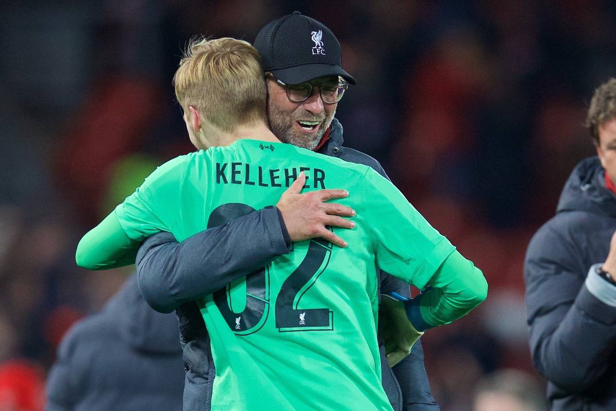 LIVERPOOL, ENGLAND - Wednesday, October 30, 2019: Liverpool's manager Jürgen Klopp celebrates with goalkeeper Caoimhin Kelleher after the Football League Cup 4th Round match between Liverpool FC and Arsenal FC at Anfield. Liverpool won 5-4 on penalties after a 5-5 draw. (Pic by David Rawcliffe/Propaganda)