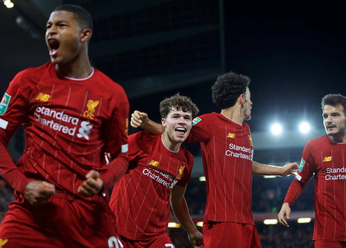 LIVERPOOL, ENGLAND - Wednesday, October 30, 2019: Liverpool's Neco Williams celebrates after setting-up the fifth goal in injury time to seal a 505 draw and send the game to a penalty shoot out during the Football League Cup 4th Round match between Liverpool FC and Arsenal FC at Anfield. Liverpool won 5-4 on penalties after a 5-5 draw. (Pic by David Rawcliffe/Propaganda)