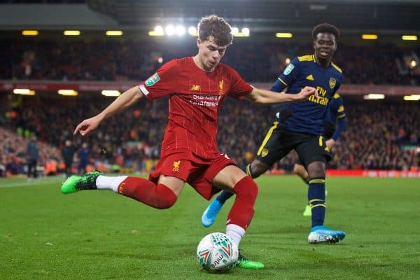 LIVERPOOL, ENGLAND - Wednesday, October 30, 2019: Liverpool's Neco Williams crosses the ball to set-up the fifth goal in injury time to seal a 505 draw and send the game to a penalty shoot out during the Football League Cup 4th Round match between Liverpool FC and Arsenal FC at Anfield. Liverpool won 5-4 on penalties after a 5-5 draw. (Pic by David Rawcliffe/Propaganda)