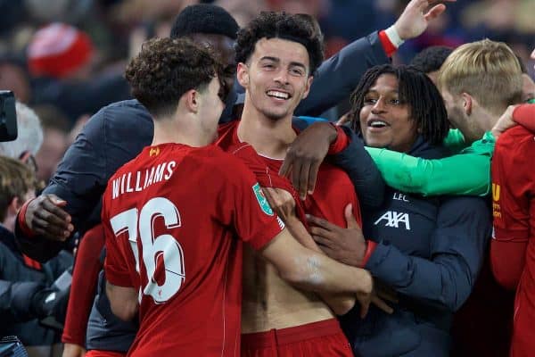 LIVERPOOL, ENGLAND - Wednesday, October 30, 2019: Liverpool's Curtis Jones (C) celebrates with team-mates after scoring the winning fifth penalty of the shoot out during the Football League Cup 4th Round match between Liverpool FC and Arsenal FC at Anfield. Liverpool won 5-4 on penalties after a 5-5 draw. (Pic by David Rawcliffe/Propaganda)