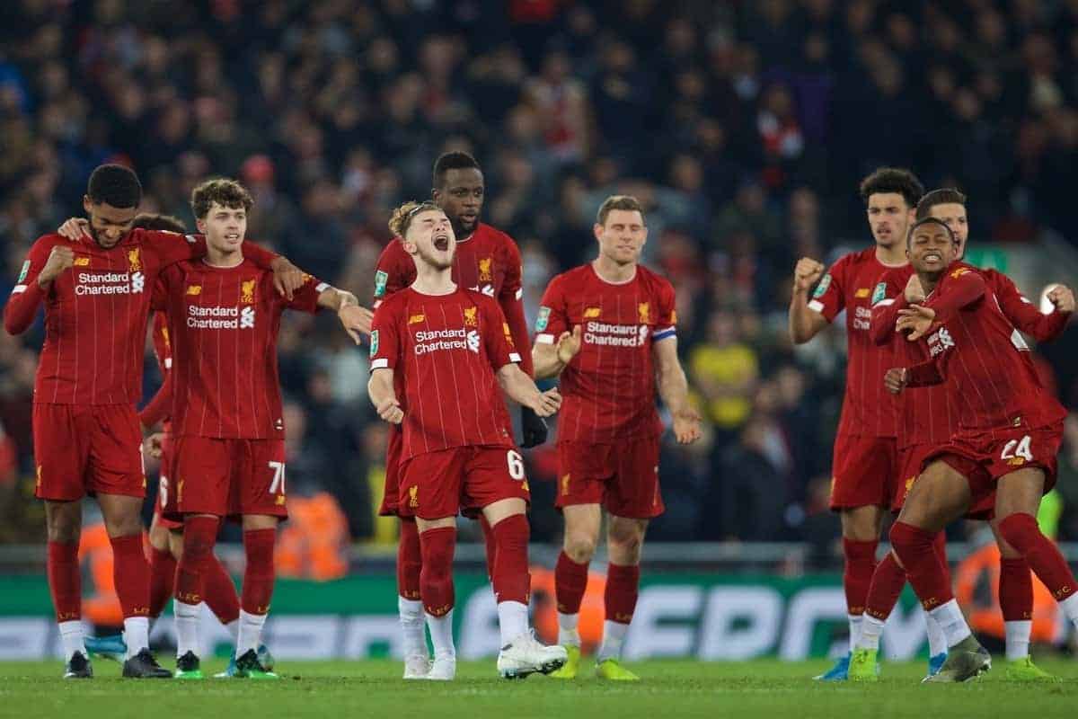 LIVERPOOL, ENGLAND - Wednesday, October 30, 2019: Liverpool players Joe Gomez, Neco Williams, Harvey Elliott, Divock Origi, James Milner, Curtis Jones and Rhian Brewster celebrate during the penalty shoot out after the Football League Cup 4th Round match between Liverpool FC and Arsenal FC at Anfield. Liverpool won 5-4 on penalties after a 5-5 draw. (Pic by David Rawcliffe/Propaganda)