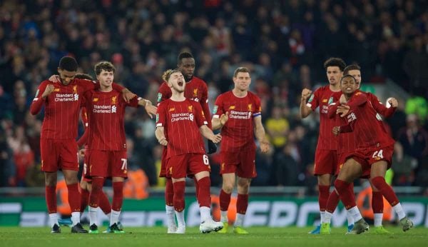 LIVERPOOL, ENGLAND - Wednesday, October 30, 2019: Liverpool players Joe Gomez, Neco Williams, Harvey Elliott, Divock Origi, James Milner, Curtis Jones and Rhian Brewster celebrate during the penalty shoot out after the Football League Cup 4th Round match between Liverpool FC and Arsenal FC at Anfield. Liverpool won 5-4 on penalties after a 5-5 draw. (Pic by David Rawcliffe/Propaganda)