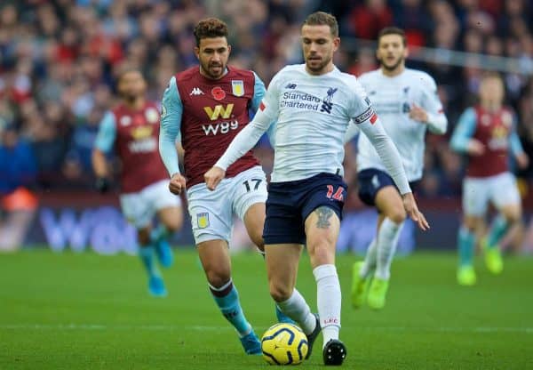 BIRMINGHAM, ENGLAND - Saturday, November 2, 2019: Liverpool's captain Jordan Henderson (R) and Aston Villa's Mahmoud Ahmed Ibrahim Hassan 'Trézéguet' during the FA Premier League match between Aston Villa FC and Liverpool FC at Villa Park. (Pic by David Rawcliffe/Propaganda)