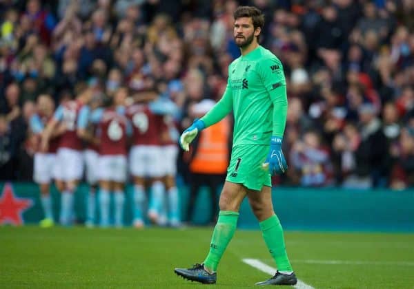 BIRMINGHAM, ENGLAND - Saturday, November 2, 2019: Liverpool's goalkeeper Alisson Becker looks dejected as Aston Villa score the opening goal during the FA Premier League match between Aston Villa FC and Liverpool FC at Villa Park. (Pic by David Rawcliffe/Propaganda)