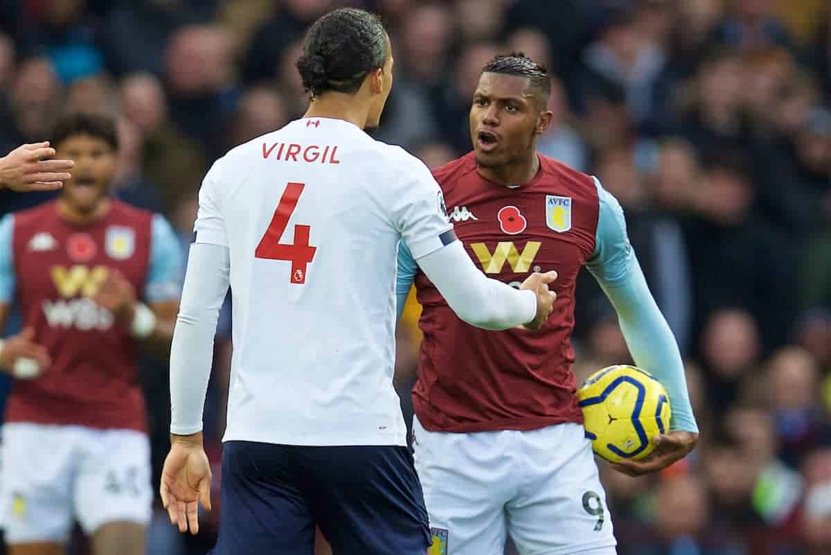 BIRMINGHAM, ENGLAND - Saturday, November 2, 2019: Aston Villa's Wesley Moraes squares up to Liverpool's Virgil van Dijk during the FA Premier League match between Aston Villa FC and Liverpool FC at Villa Park. (Pic by David Rawcliffe/Propaganda)