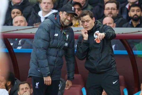 BIRMINGHAM, ENGLAND - Saturday, November 2, 2019: Liverpool's manager Jürgen Klopp (L) and the fourth official during the FA Premier League match between Aston Villa FC and Liverpool FC at Villa Park. (Pic by David Rawcliffe/Propaganda)