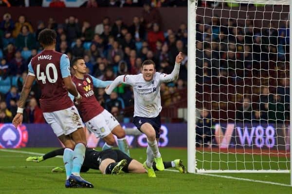 BIRMINGHAM, ENGLAND - Saturday, November 2, 2019: Liverpool's Andy Robertson celebrates scoring the first equalising goal during the FA Premier League match between Aston Villa FC and Liverpool FC at Villa Park. (Pic by David Rawcliffe/Propaganda)