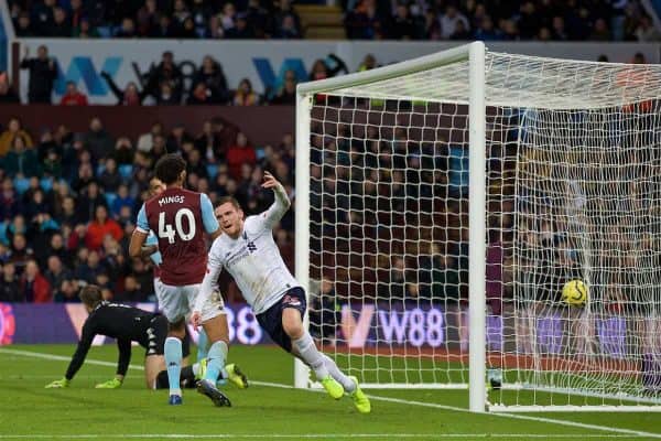 BIRMINGHAM, ENGLAND - Saturday, November 2, 2019: Liverpool's Andy Robertson celebrates scoring the first equalising goal during the FA Premier League match between Aston Villa FC and Liverpool FC at Villa Park. (Pic by David Rawcliffe/Propaganda)