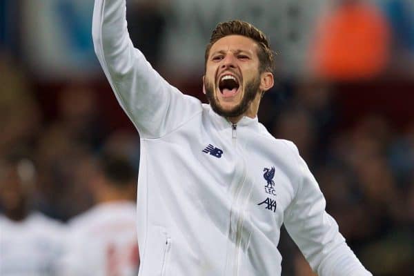 BIRMINGHAM, ENGLAND - Saturday, November 2, 2019: Liverpool's Adam Lallana celebrates after the FA Premier League match between Aston Villa FC and Liverpool FC at Villa Park. Liverpool won 2-1 with an injury time winning goal. (Pic by David Rawcliffe/Propaganda)