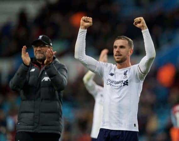 BIRMINGHAM, ENGLAND - Saturday, November 2, 2019: Liverpool's captain Jordan Henderson celebrates after the FA Premier League match between Aston Villa FC and Liverpool FC at Villa Park. Liverpool won 2-1 with an injury time winning goal. (Pic by David Rawcliffe/Propaganda)