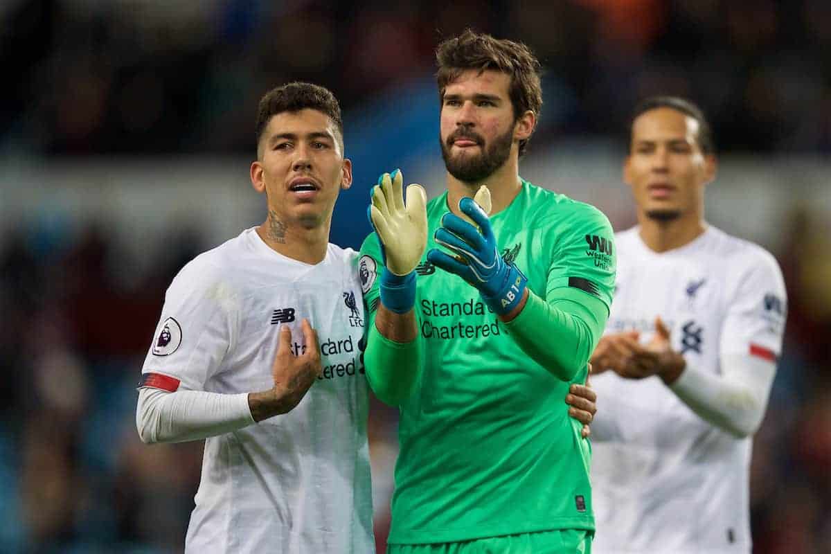 BIRMINGHAM, ENGLAND - Saturday, November 2, 2019: Liverpool's Roberto Firmino (L) and goalkeeper Alisson Becker celebrate after the FA Premier League match between Aston Villa FC and Liverpool FC at Villa Park. Liverpool won 2-1 with an injury time winning goal. (Pic by David Rawcliffe/Propaganda)