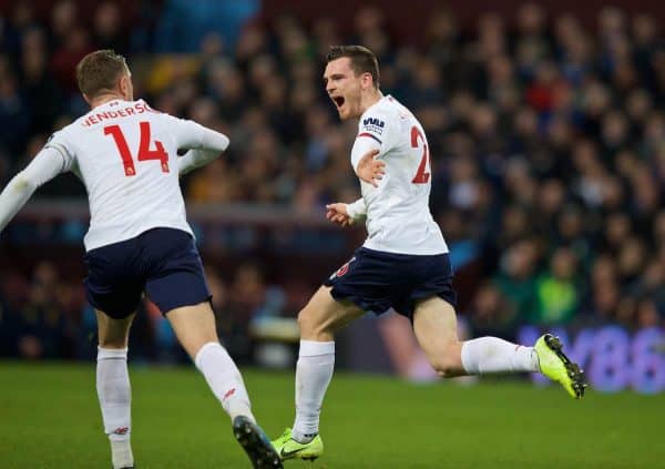 BIRMINGHAM, ENGLAND - Saturday, November 2, 2019: Liverpool's Andy Robertson celebrates scoring the first equalising goal during the FA Premier League match between Aston Villa FC and Liverpool FC at Villa Park. Liverpool won 2-1. (Pic by David Rawcliffe/Propaganda)