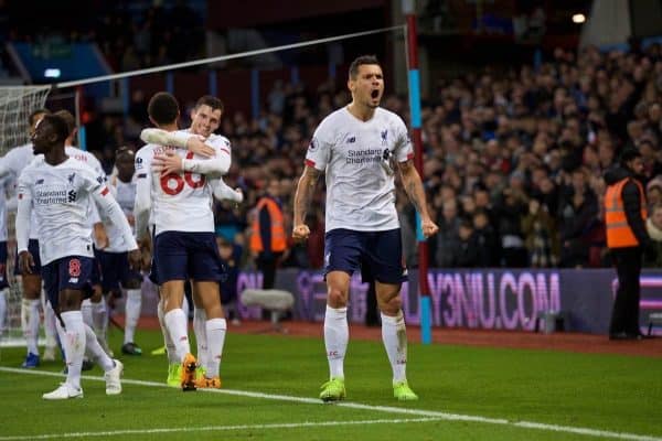 BIRMINGHAM, ENGLAND - Saturday, November 2, 2019: Liverpool's Dejan Lovren celebrates after his side's winning second goal in injury time during the FA Premier League match between Aston Villa FC and Liverpool FC at Villa Park. Liverpool won 2-1. (Pic by David Rawcliffe/Propaganda)