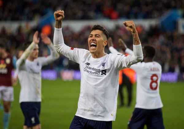 BIRMINGHAM, ENGLAND - Saturday, November 2, 2019: Liverpool's Roberto Firmino celebrates after the FA Premier League match between Aston Villa FC and Liverpool FC at Villa Park. Liverpool won 2-1 with a winning goal in injury time. (Pic by David Rawcliffe/Propaganda)