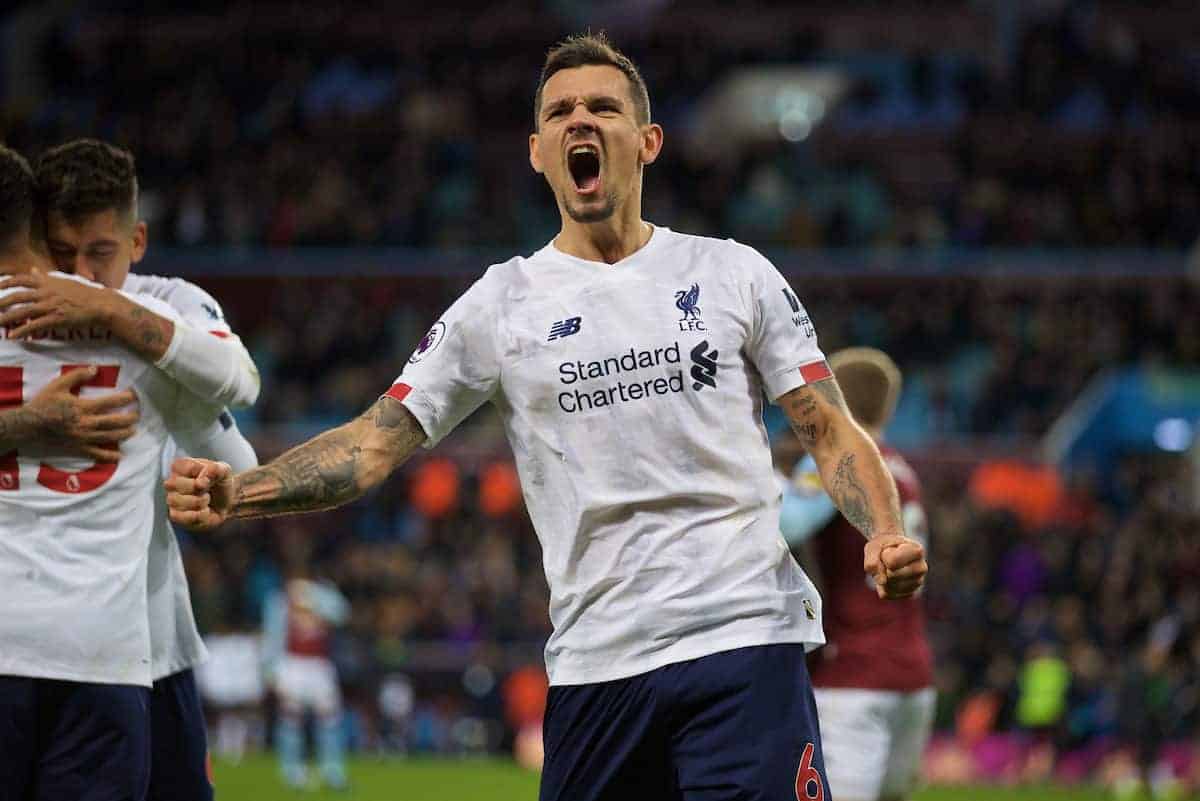 BIRMINGHAM, ENGLAND - Saturday, November 2, 2019: Liverpool's Dejan Lovren celebrates after the FA Premier League match between Aston Villa FC and Liverpool FC at Villa Park. Liverpool won 2-1 with a winning goal in injury time. (Pic by David Rawcliffe/Propaganda)