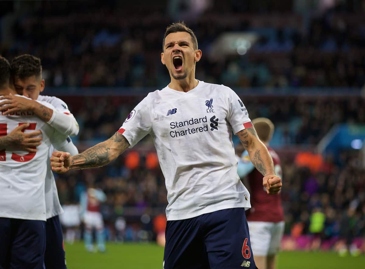 BIRMINGHAM, ENGLAND - Saturday, November 2, 2019: Liverpool's Dejan Lovren celebrates after the FA Premier League match between Aston Villa FC and Liverpool FC at Villa Park. Liverpool won 2-1 with a winning goal in injury time. (Pic by David Rawcliffe/Propaganda)