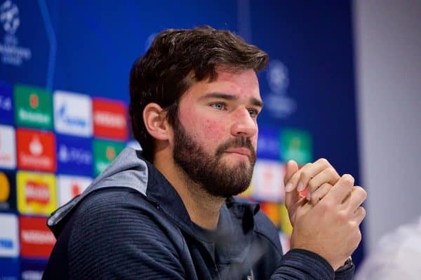 LIVERPOOL, ENGLAND - Monday, November 4, 2019: Liverpool's goalkeeper Alisson Becker during a press conference at Anfield ahead of the UEFA Champions League Group E match between Liverpool FC and KRC Genk. (Pic by David Rawcliffe/Propaganda)