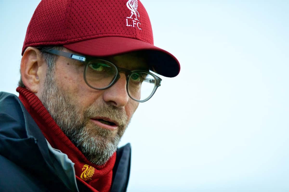 LIVERPOOL, ENGLAND - Monday, November 4, 2019: Liverpool's manager Jürgen Klopp during a training session at Melwood Training Ground ahead of the UEFA Champions League Group E match between Liverpool FC and KRC Genk. (Pic by David Rawcliffe/Propaganda)