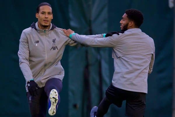 LIVERPOOL, ENGLAND - Monday, November 4, 2019: Liverpool's Virgil van Dijk (L) and Joe Gomez during a training session at Melwood Training Ground ahead of the UEFA Champions League Group E match between Liverpool FC and KRC Genk. (Pic by David Rawcliffe/Propaganda)