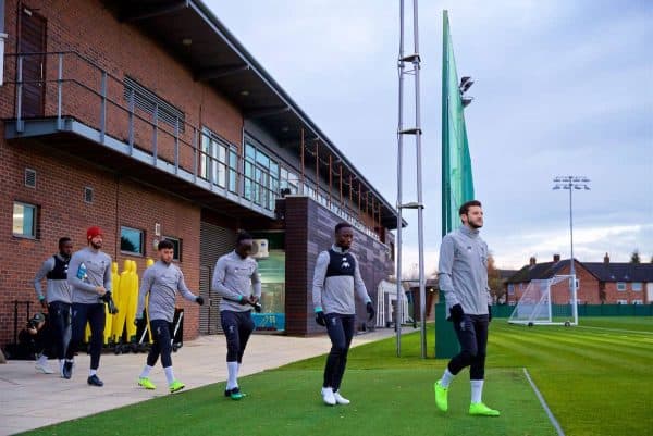 LIVERPOOL, ENGLAND - Monday, November 4, 2019: Liverpool players walk out before a training session at Melwood Training Ground ahead of the UEFA Champions League Group E match between Liverpool FC and KRC Genk. Divock Origi, goalkeeper Alisson Becker, Alex Oxlade-Chamberlain, Sadio Mané, Naby Keita, Adam Lallana. (Pic by David Rawcliffe/Propaganda)