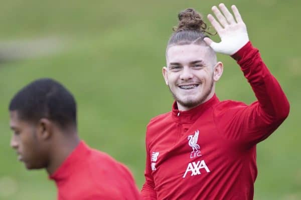 KIRKBY, ENGLAND - Tuesday, November 5, 2019:Liverpool's Harvey Elliott (R) warms up ahead of the UEFA Youth League Group E match between Liverpool FC Under-19's and KRC Genk Under-19's at the Liverpool Academy. (Pic by Laura Malkin/Propaganda)