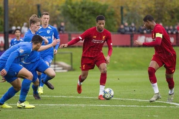 KIRKBY, ENGLAND - Tuesday, November 5, 2019: Liverpool's Elijah Dixon Bonner during the UEFA Youth League Group E match between Liverpool FC Under-19's and KRC Genk Under-19's at the Liverpool Academy. (Pic by Laura Malkin/Propaganda)