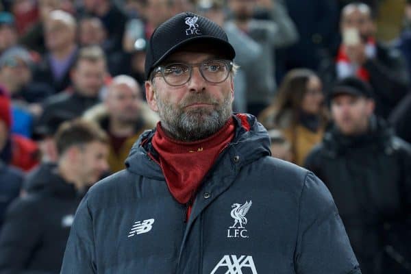 LIVERPOOL, ENGLAND - Tuesday, November 5, 2019: Liverpool's manager Jürgen Klopp before the UEFA Champions League Group E match between Liverpool FC and KRC Genk at Anfield. (Pic by Laura Malkin/Propaganda)