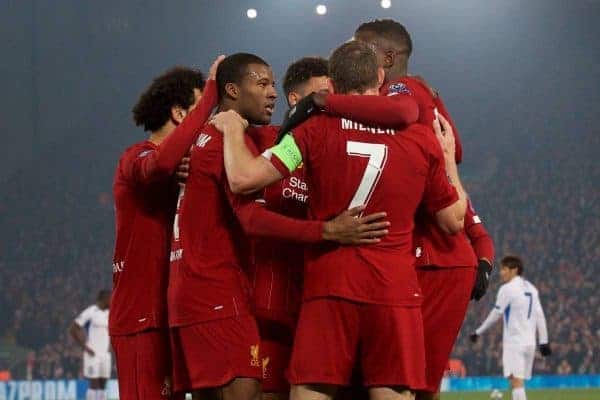 LIVERPOOL, ENGLAND - Tuesday, November 5, 2019: Liverpool's captain Jordan Henderson (2nd from L) celebrates scoring the first goal with team-mates during the UEFA Champions League Group E match between Liverpool FC and KRC Genk at Anfield. (Pic by Laura Malkin/Propaganda)