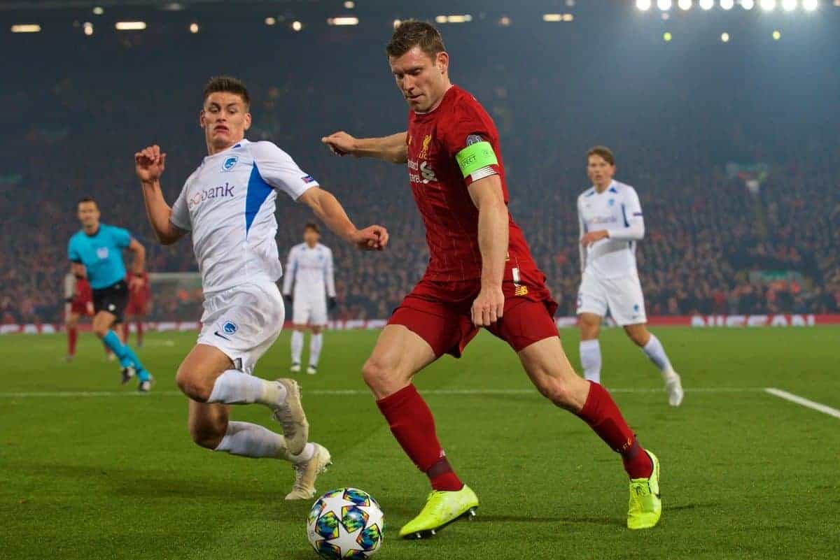 LIVERPOOL, ENGLAND - Tuesday, November 5, 2019: Liverpool's James Milner during the UEFA Champions League Group E match between Liverpool FC and KRC Genk at Anfield. (Pic by Laura Malkin/Propaganda)