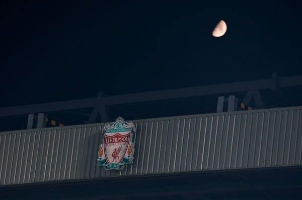 LIVERPOOL, ENGLAND - Tuesday, November 5, 2019: A half moon rises above Anfield during the UEFA Champions League Group E match between Liverpool FC and KRC Genk at Anfield. (Pic by Laura Malkin/Propaganda)