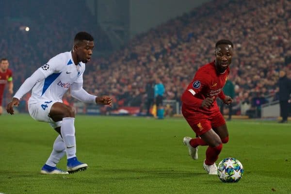 LIVERPOOL, ENGLAND - Tuesday, November 5, 2019: Liverpool's Naby Keita (R) and KRC Genk's Carlos Cuesta during the UEFA Champions League Group E match between Liverpool FC and KRC Genk at Anfield. (Pic by Laura Malkin/Propaganda)