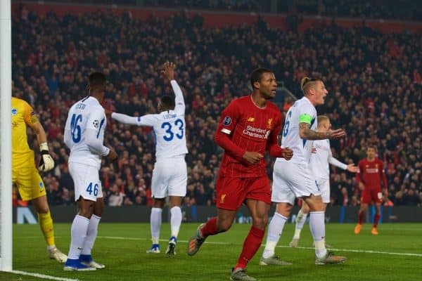 LIVERPOOL, ENGLAND - Tuesday, November 5, 2019: Liverpool's Georginio Wijnaldum celebrates scoring the first goal during the UEFA Champions League Group E match between Liverpool FC and KRC Genk at Anfield. (Pic by Laura Malkin/Propaganda)