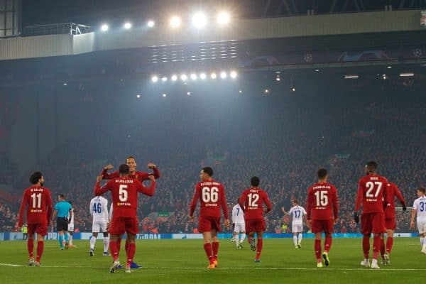 LIVERPOOL, ENGLAND - Tuesday, November 5, 2019: Liverpool's Georginio Wijnaldum (#5) celebrates scoring the first goal with team-mate Virgil van Dijk during the UEFA Champions League Group E match between Liverpool FC and KRC Genk at Anfield. (Pic by Laura Malkin/Propaganda)