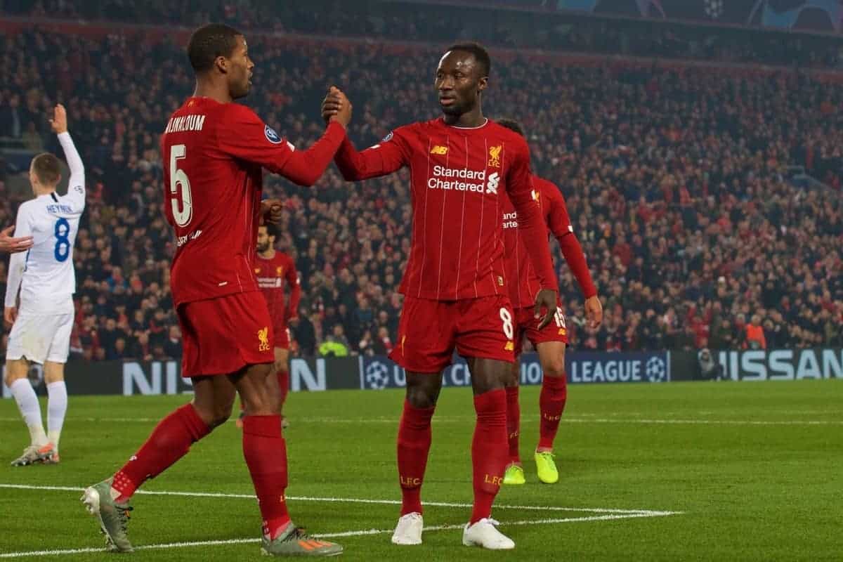 LIVERPOOL, ENGLAND - Tuesday, November 5, 2019: Liverpool's Georginio Wijnaldum (L) celebrates scoring the first goal with team-mate Naby Keita during the UEFA Champions League Group E match between Liverpool FC and KRC Genk at Anfield. (Pic by Laura Malkin/Propaganda)