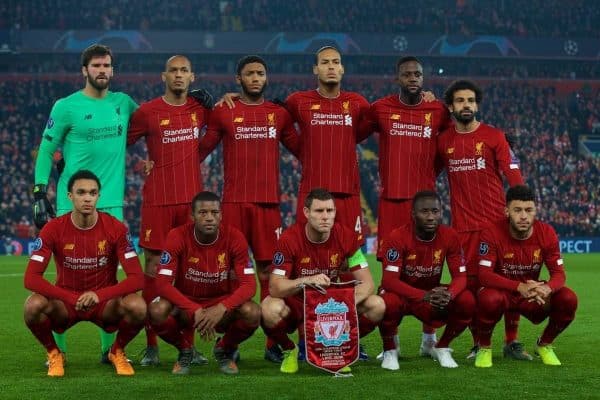 LIVERPOOL, ENGLAND - Tuesday, November 5, 2019: Liverpool's players line-up for a team group photograph before the UEFA Champions League Group E match between Liverpool FC and KRC Genk at Anfield. Back row L-R: goalkeeper Alisson Becker, Fabio Henrique Tavares 'Fabinho', Joe Gomez, Virgil van Dijk, Divock Origi, Mohamed Salah. Front row L-R: Trent Alexander-Arnold, Georgina Wijnaldum, captain James Milner, Naby Keita, Alex Oxlade-Chamberlain. (Pic by Laura Malkin/Propaganda)