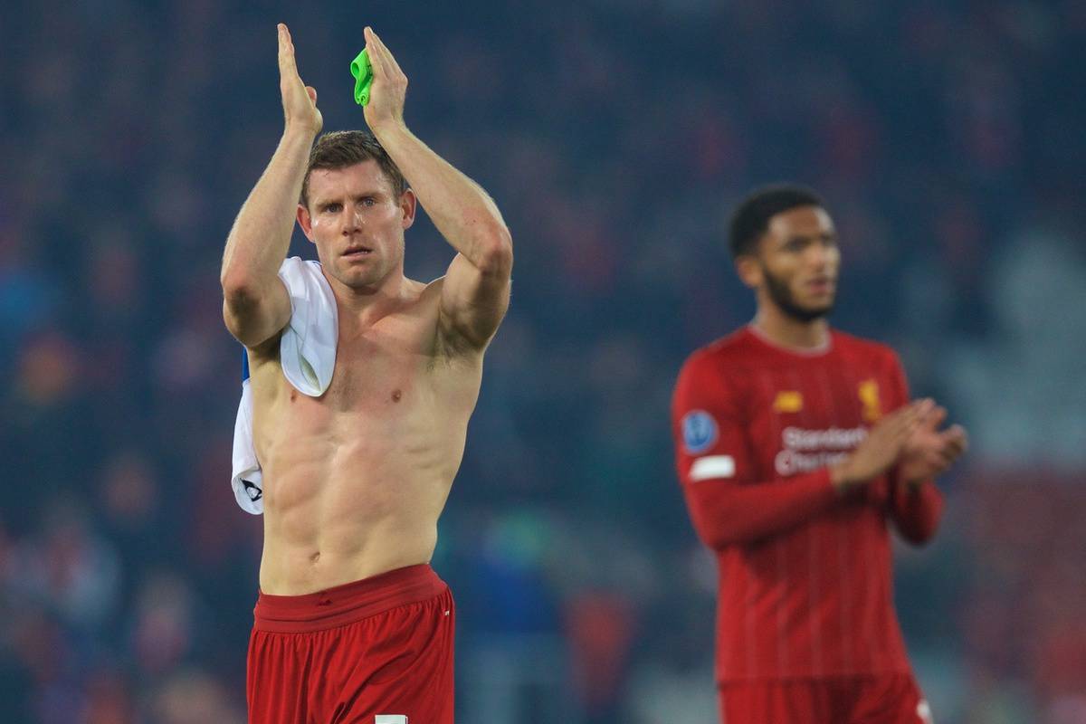 LIVERPOOL, ENGLAND - Tuesday, November 5, 2019: Liverpool's James Milner applauds the supporters after the UEFA Champions League Group E match between Liverpool FC and KRC Genk at Anfield. (Pic by Laura Malkin/Propaganda)