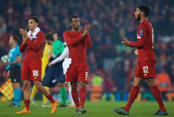 LIVERPOOL, ENGLAND - Tuesday, November 5, 2019: Liverpool's goal-scorer Georginio Wijnaldum (C) applauds the supporters after during the UEFA Champions League Group E match between Liverpool FC and KRC Genk at Anfield. Liverpool won 2-1. (Pic by Laura Malkin/Propaganda)