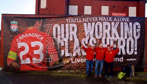 LIVERPOOL, ENGLAND - Sunday, November 10, 2019: Liverpool supporters from Bergen in Norway unfurl a banner dedicated to Liverpool's "Working Class Hero" Jamie Carragher before the FA Premier League match between Liverpool FC and Manchester City FC at Anfield. (Pic by David Rawcliffe/Propaganda)