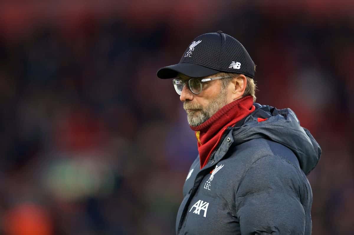 LIVERPOOL, ENGLAND - Sunday, November 10, 2019: Liverpool's manager Jürgen Klopp during the pre-match warm-up before the FA Premier League match between Liverpool FC and Manchester City FC at Anfield. (Pic by David Rawcliffe/Propaganda)