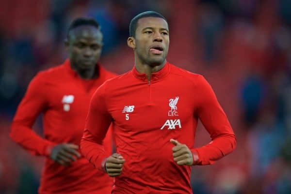 LIVERPOOL, ENGLAND - Sunday, November 10, 2019: Liverpool's Georginio Wijnaldum during the FA Premier League match between Liverpool FC and Manchester City FC at Anfield. (Pic by David Rawcliffe/Propaganda)